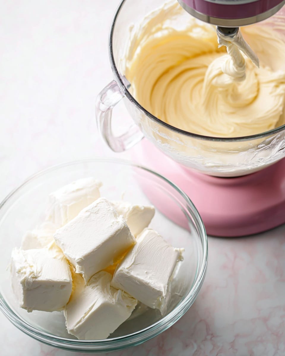 The image shows two clear glass mixing bowls on a white marbled surface. The bowl on the left contains four thick blocks of white cream cheese stacked unevenly, filling the bottom part of the bowl. The bowl on the right is mounted on a pink stand mixer and holds smooth, creamy, light yellow frosting that has been stirred into a soft swirl texture inside the bowl. Photo taken with an iphone --ar 4:5 --v 7
