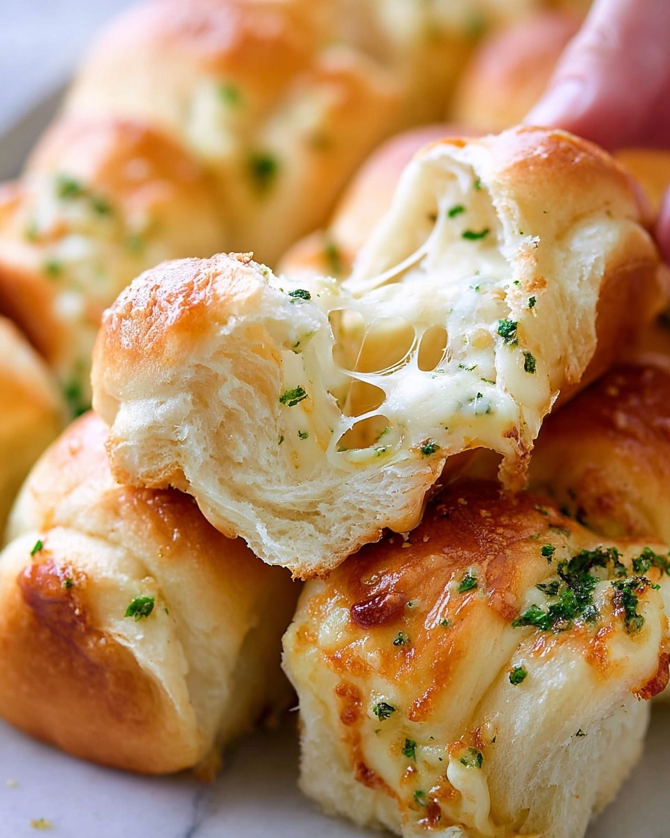 The image shows a close-up of several soft golden-brown rolls with melted cheese and small green herb flakes on top. One roll is being pulled apart by a woman's hand, revealing a fluffy, white, layered inside with a light texture. The rolls have a slightly shiny and smooth surface with some areas showing light browning. The background is blurred, but the rolls are placed on a white marbled texture. photo taken with an iphone --ar 4:5 --v 7
