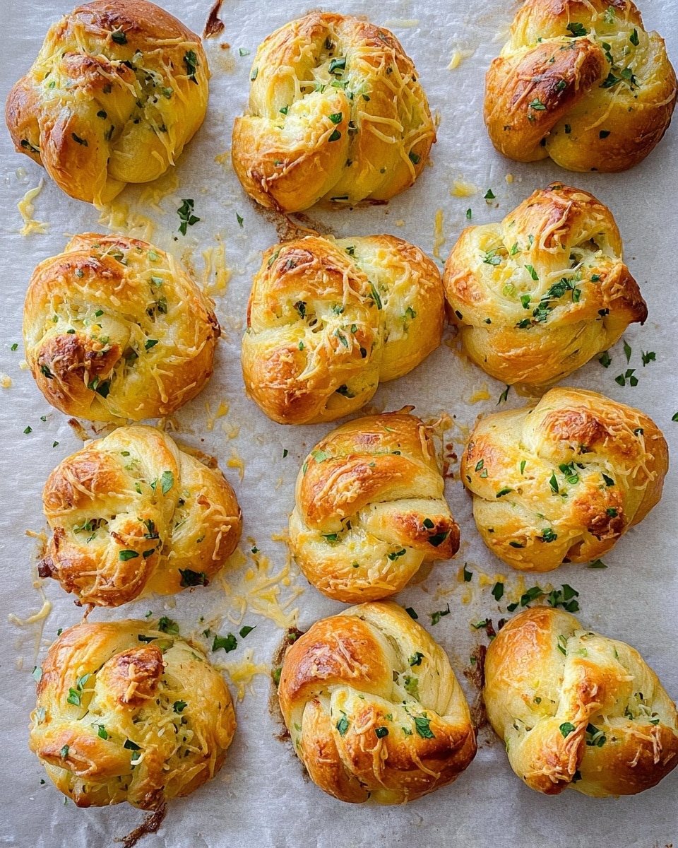 There are twelve small round bread knots on a white marbled surface lined with light grey baking paper, each knot golden brown with a soft texture and slightly glossy tops. They are sprinkled with finely chopped green herbs and light yellow shredded cheese scattered on and around them. The knots are loosely twisted, showing layers of dough and melted cheese peeking through, with smooth and rough surfaces mixed. The overall look is warm and fresh with an inviting baked finish photo taken with an iphone --ar 4:5 --v 7