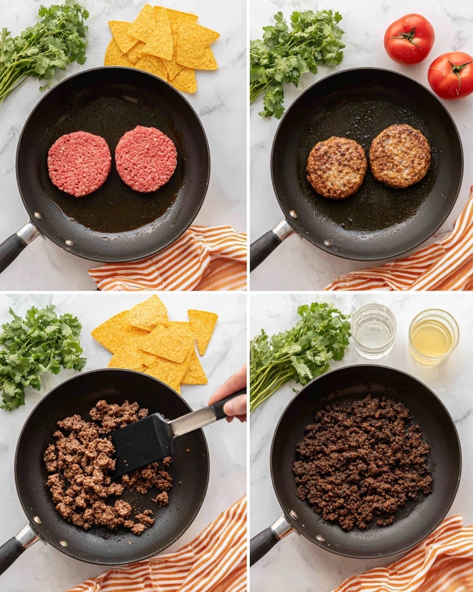 The image shows four steps of cooking ground meat in a black frying pan placed on a white marbled surface. In the first step, two raw, pink ground meat patties are placed side by side in the pan. The second step shows the patties browned on the outside but still thick and whole. In the third step, the partially cooked meat is broken up into smaller pieces with a black spatula held by a woman’s hand. The fourth step displays fully cooked, dark brown crumbled meat spread evenly in the pan. Around the pan on the white marble surface, there are fresh cilantro bunches, bright red tomatoes, a clear glass of light yellow liquid, and yellow tortilla chips. A striped orange and white cloth is partially visible beneath the pan. Photo taken with an iphone --ar 4:5 --v 7