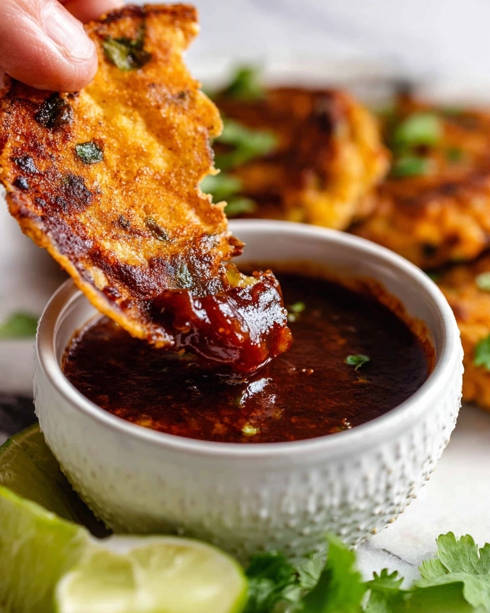 A woman's hand is holding a crispy tortilla chip halfway dipped in a small white textured bowl filled with dark red sauce. The tortilla chip has a golden brown and slightly rough surface with some green and dark bits visible inside. Around the bowl, there are fresh green cilantro leaves and a bright green lime wedge on a white marbled surface. In the background, there are two out-of-focus golden brown fried patties with some green garnish on them. photo taken with an iphone --ar 4:5 --v 7