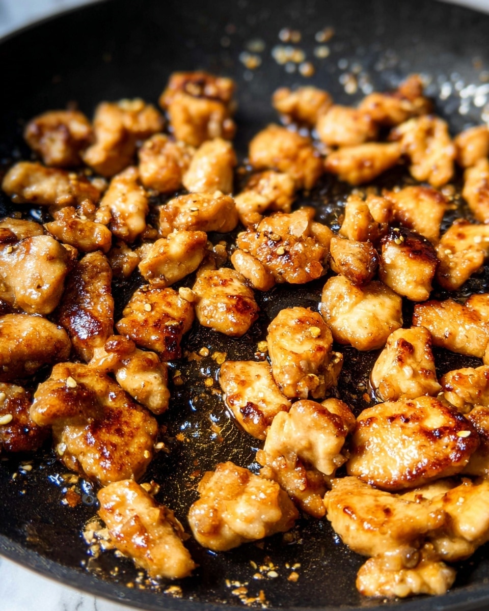 The image shows many small pieces of golden-brown chicken cooked in a black frying pan. The chicken pieces have a slightly crispy texture with some darker spots where they are more cooked. There is a shiny coating of oil and juices around the chicken, with tiny bits of seasoning visible on the surface. The chicken pieces vary in size and shape, spread evenly across the pan, which has some light reflections giving a hot cooking look. The background is a white marbled texture. photo taken with an iphone --ar 4:5 --v 7