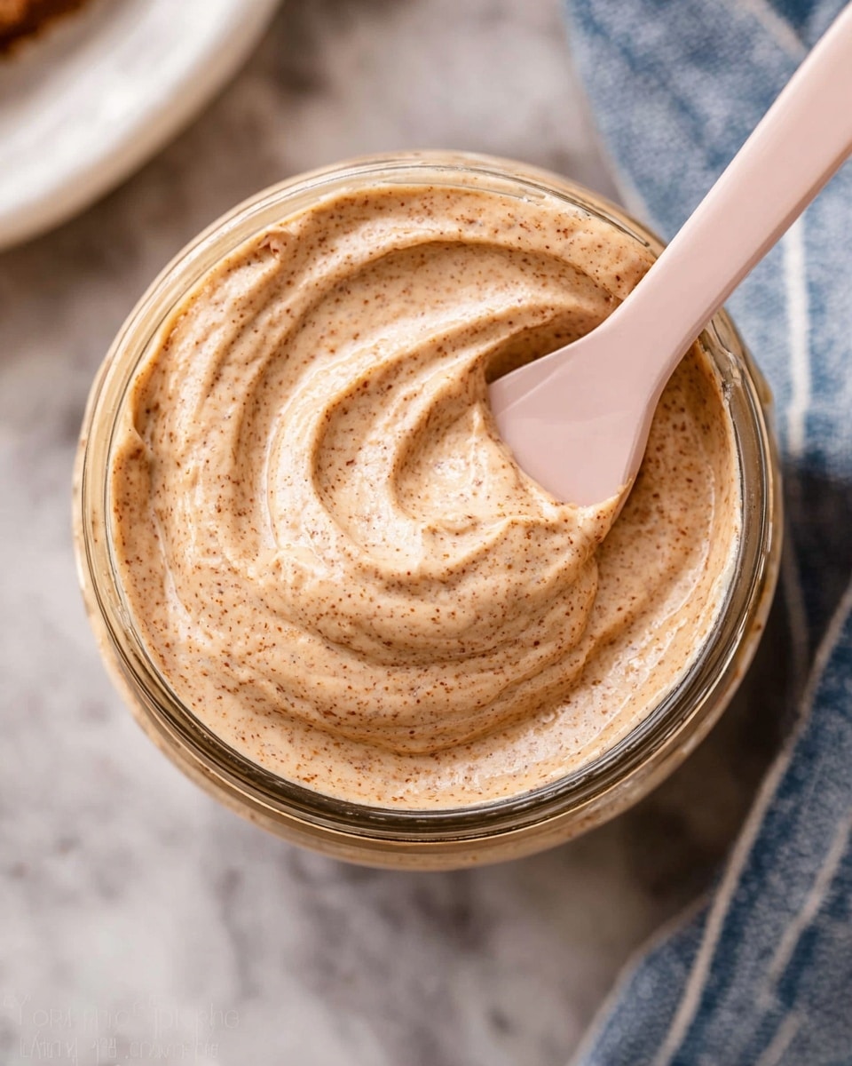 This image shows a jar filled with creamy, smooth light brown spread with tiny darker specks. The spread is thick and whipped, showing soft swirls on the top layer. A pale pink spatula is in the jar, scooping some of the spread. The background is a white marbled texture with a corner of a white plate and a blue and white striped cloth visible. The scene looks close-up and focused on the texture of the spread. photo taken with an iphone --ar 4:5 --v 7