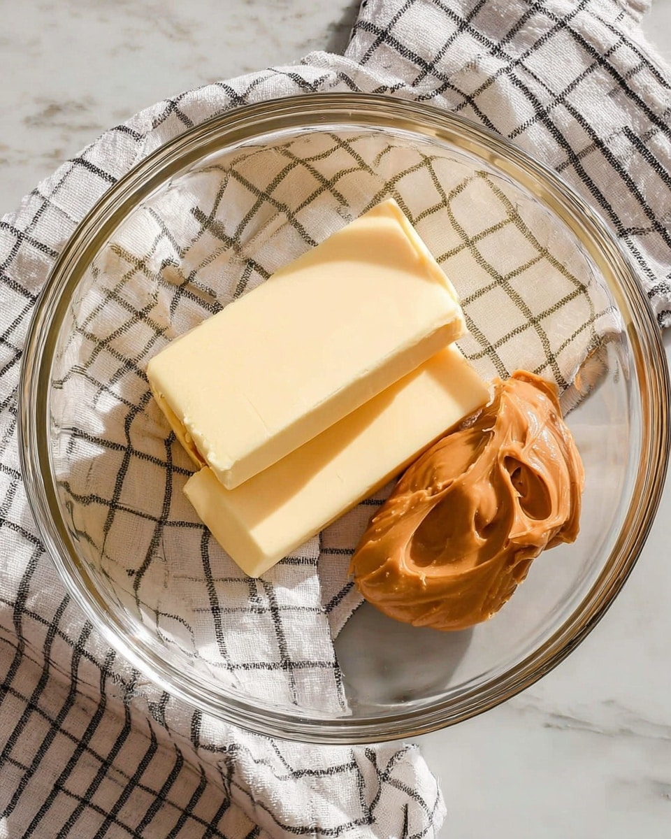 In a clear glass bowl, there are two thick sticks of pale yellow butter placed side by side and a large dollop of smooth, light brown peanut butter next to them; underneath the bowl is a white cloth with a black grid pattern, all set on a white marbled surface. Photo taken with an iphone --ar 4:5 --v 7