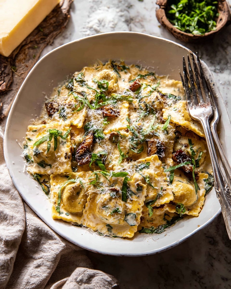 A white bowl filled with pasta ravioli, creamy light yellow sauce coating each piece, topped with scattered dark golden brown cooked chunks, finely shredded dark green basil leaves spread over the top, with a small pile of grated white cheese sitting in the center. A silver fork rests on the right edge of the bowl. The bowl is placed on a rustic brown wooden surface with a textured cloth of off-white and mustard yellow colors partially visible at the bottom of the image. In the background, a blurred container with green herbs and a block of cheese can be seen. Photo taken with an iphone --ar 4:5 --v 7
