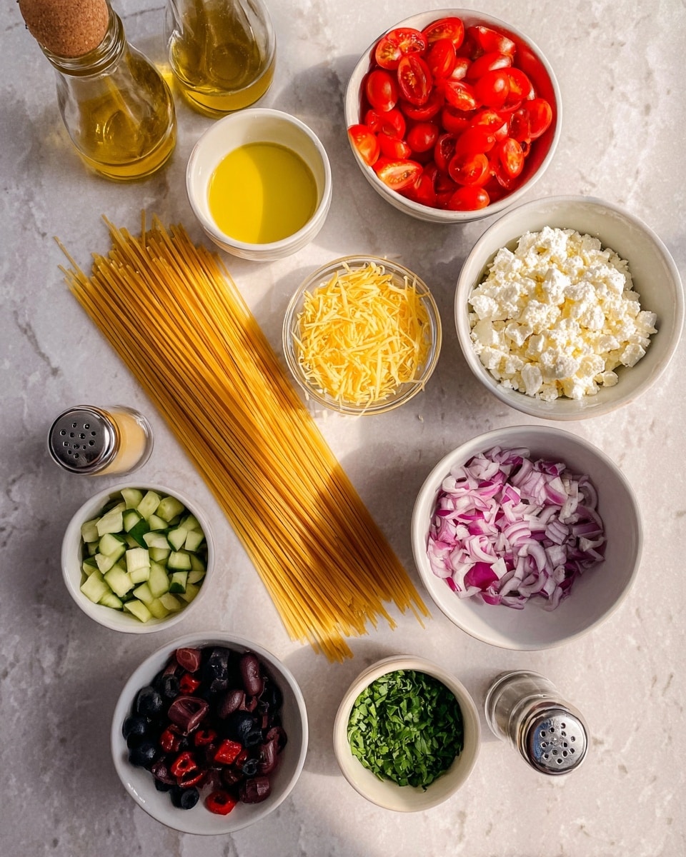 An overhead view of uncooked spaghetti placed diagonally in the center on a white marbled surface. Surrounding the pasta, there are small white bowls filled with bright red cherry tomatoes halved, crumbled white cheese, chopped purple onions, diced red bell peppers, sliced black olives, and chopped cucumber. A small bowl with lemon zest is also included along with a small bowl of light yellow liquid. There are glass bottles with oil and salt and pepper shakers positioned near the top center. A small bowl with green chopped herbs is placed near the middle right of the pasta. The scene is lit naturally to highlight the bright colors, photo taken with an iphone --ar 4:5 --v 7