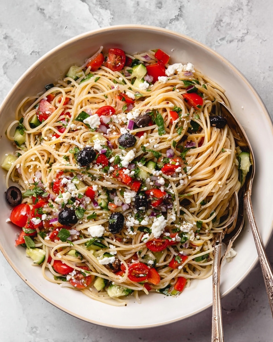 A white scalloped bowl is filled with a bed of thin spaghetti noodles at the bottom, topped with diced green cucumbers, red bell peppers, sliced black olives, chopped red onions, and halved cherry tomatoes. White crumbled cheese is sprinkled over the top, adding white spots that contrast with the colorful vegetables. A silver fork rests inside the bowl on the left side. Around the bowl, there is a small white scalloped dish with more white crumbled cheese on the left, another small white scalloped bowl with whole cherry tomatoes at the bottom left, a glass bottle of olive oil with a cork stopper, and salt and pepper shakers in the background. The surface underneath is white marbled texture, and a white knitted cloth is placed on the bottom right corner. Photo taken with an iphone --ar 4:5 --v 7