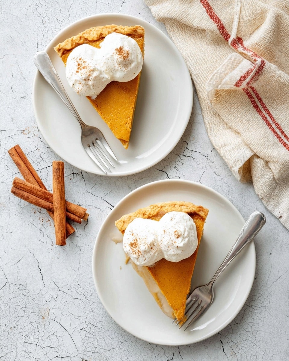 Two white plates each hold a slice of pumpkin pie with a golden brown crust and smooth orange filling. On top of each slice are two dollops of white whipped cream, sprinkled lightly with brown cinnamon. A silver fork rests on each plate near the pie slices. The plates are set on a light gray surface with a cracked texture resembling white marble. On the left side, there are three cinnamon sticks placed next to the plates. A beige cloth with red stripes is partially visible on the top right corner. The lighting is soft and natural, showing the textures and colors clearly. Photo taken with an iphone --ar 4:5 --v 7