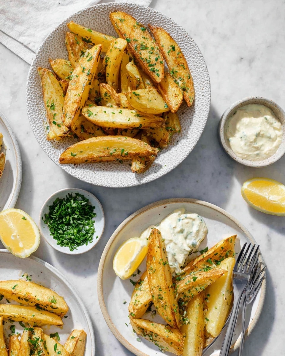 The image shows thick potato wedges sprinkled with green herbs arranged in a textured white bowl on the upper left and served on two white plates, one in the lower center and the other on the right side. The potato wedges are golden yellow with light brown edges and a slight crispy texture. One white plate in the lower center has a side of creamy white sauce with green herb flecks. Two lemon wedges sit on the white marbled surface between the plates. A small white bowl filled with green chopped herbs is visible near the top, and a small white bowl of creamy sauce sits near the lower right. Two metal forks rest on the two plates. The whole scene is bright and lit by natural light. photo taken with an iphone --ar 4:5 --v 7