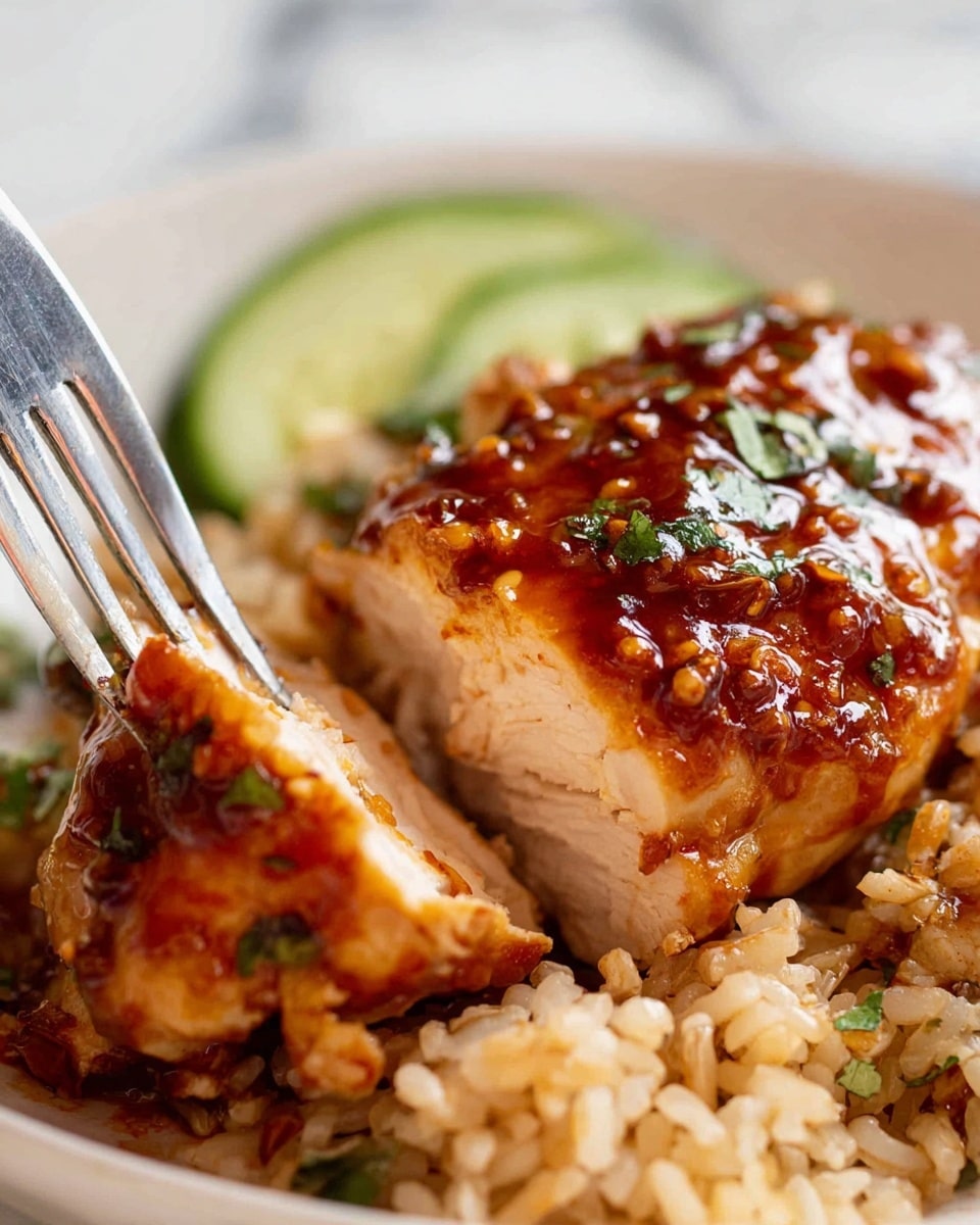 The image shows a close-up of a piece of cooked chicken covered in a shiny, reddish-brown sauce with small bits of herbs and spices, resting on a bed of light brown rice. The chicken is partly sliced to show its juicy white inside. A silver fork is piercing the sliced part of the chicken. In the blurred background, there is a slice of cucumber and some green garnish. The dish is placed on a white plate, and the surface underneath has a white marbled texture. photo taken with an iphone --ar 4:5 --v 7