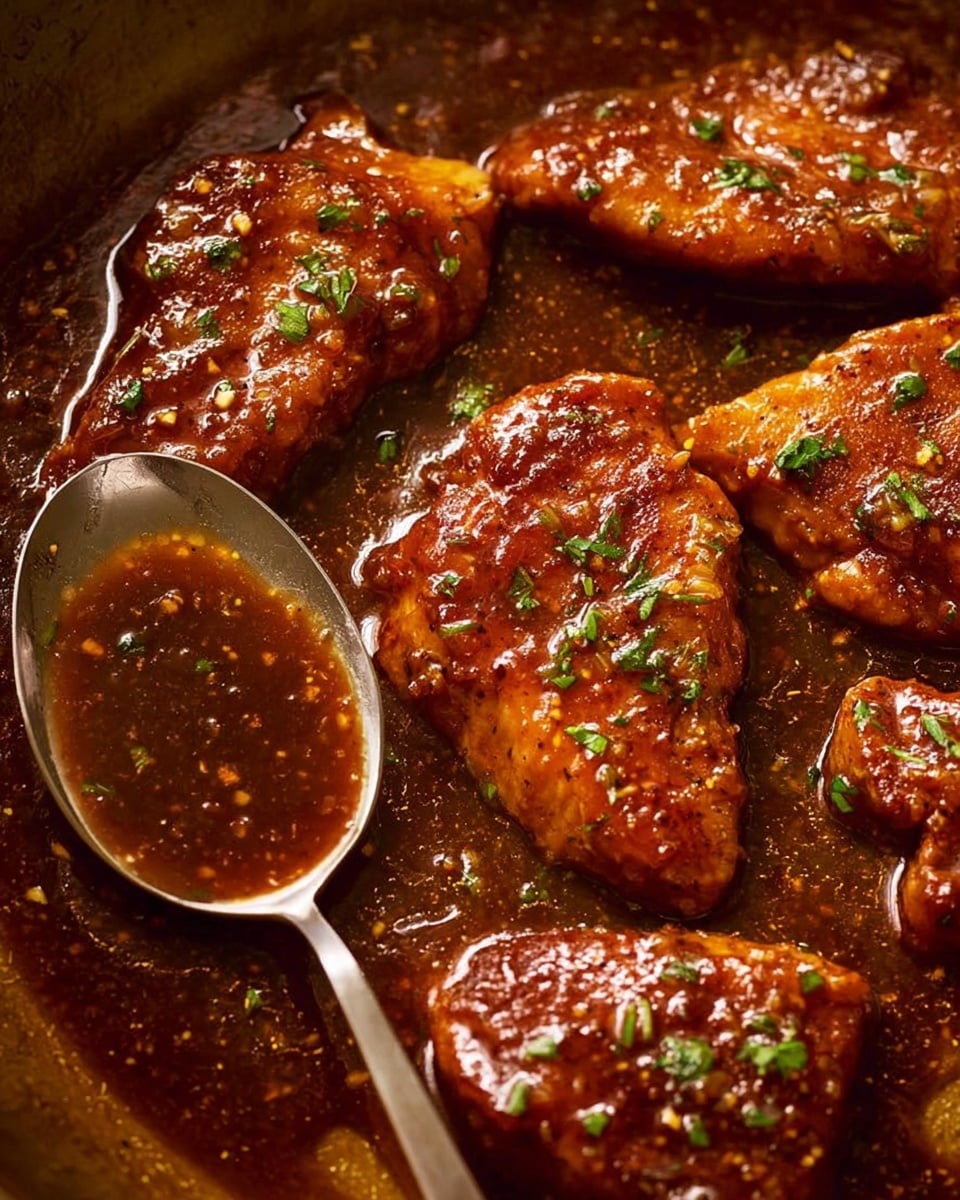 A close-up image shows three golden brown pieces of cooked chicken in a pan, with a shiny reddish-brown sauce being poured on the middle piece using a spoon. The chicken pieces have a slight texture from cooking and are sprinkled with small green herb bits. The sauce is glossy and thick, creating a rich layer over the chicken and pooling lightly around the edges. The background is blurred, with warm brown tones, focusing fully on the glossy chicken and sauce. photo taken with an iphone --ar 4:5 --v 7