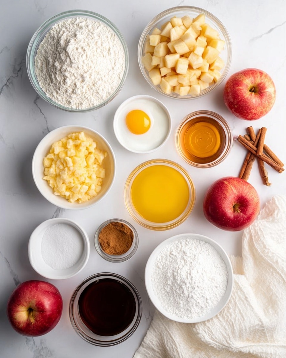The image shows twelve clear and white bowls arranged neatly on a white marbled surface, each filled with different baking ingredients. Starting from the top left, there is a large clear bowl filled with white flour, next to it a clear bowl full of small, light beige diced apples, and to the right a clear bowl with a light yellow apple sauce. Below the flour is a white bowl holding one raw egg with a yellow yolk, next to it is a clear bowl of bright yellow melted butter and another clear bowl to the right filled with golden liquid honey or syrup. Below these, a small glass bowl contains white powdered sugar, while next to it, there is a small clear bowl of dark vanilla extract, and below that a small clear bowl of dark brown cinnamon powder. Finally, on the bottom right, a white bowl holds a large amount of white powdered sugar. To the right of the bowls are red apples, sticks of cinnamon, and a white cloth adding a cozy feel. Photo taken with an iphone --ar 4:5 --v 7