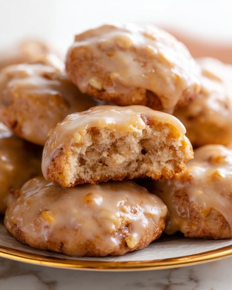 A close-up view of several small, round glazed cookies stacked on a white plate with a gold rim. The cookies have a golden-brown color with a shiny, slightly cracked glaze layer covering their tops. One cookie is in the center, showing an inside view with a soft, crumbly texture and light brown color with bits of what looks like nuts or fruit. The plate sits on a white marbled surface with a bright, soft background. photo taken with an iphone --ar 4:5 --v 7