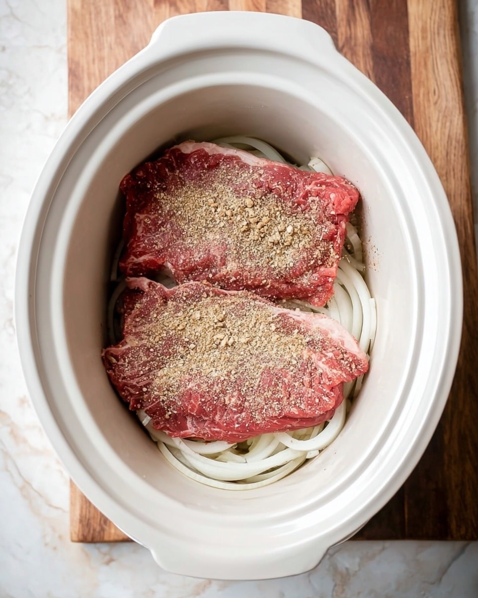 The image shows a white slow cooker filled with layers of food. At the bottom, there is a layer of thin, white, sliced onion rings. On top of the onions are two large pieces of raw red meat placed side by side, covering most of the onions. The meat is sprinkled evenly with a light brown, crumbly seasoning powder. The slow cooker is sitting on a light wooden surface, but the background should be imagined as a white marbled texture. photo taken with an iphone --ar 4:5 --v 7