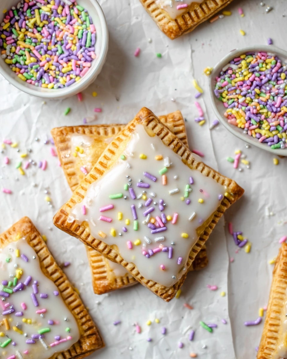 The image shows several square-shaped pastries with golden brown edges and a slightly flaky texture. Each pastry has a layer of white icing covering about half of its surface, which is smooth and dripping slightly onto the white marbled textured background. On top of the icing, there are colorful sprinkles in pastel shades of purple, pink, yellow, green, light blue, and silver scattered randomly. There is also a small white bowl in the corner, filled with more of these multi-colored sprinkles. The pastries rest on a crinkled white paper, adding texture to the scene. photo taken with an iphone --ar 4:5 --v 7