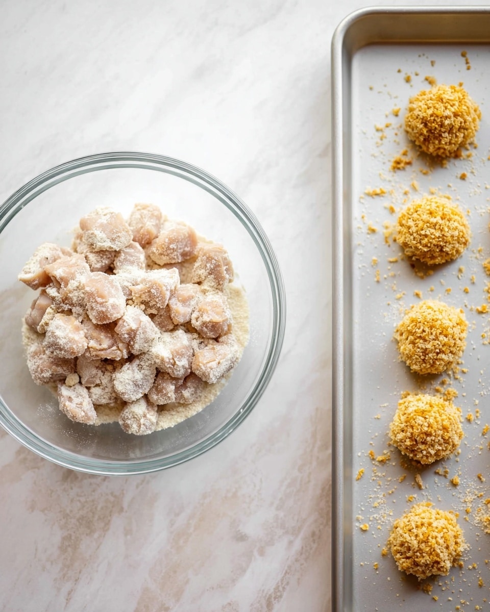 The image is divided into two parts: on the left, there is a clear glass bowl sitting on a white marbled surface, filled with small pieces of raw meat covered in a powdery, light brown coating. On the right side, small round pieces coated with a rough, crumbly golden-yellow breading are placed spaced apart on a clean silver baking tray. The pieces look ready to be cooked, with some crumbs scattered around them on the tray. photo taken with an iphone --ar 4:5 --v 7