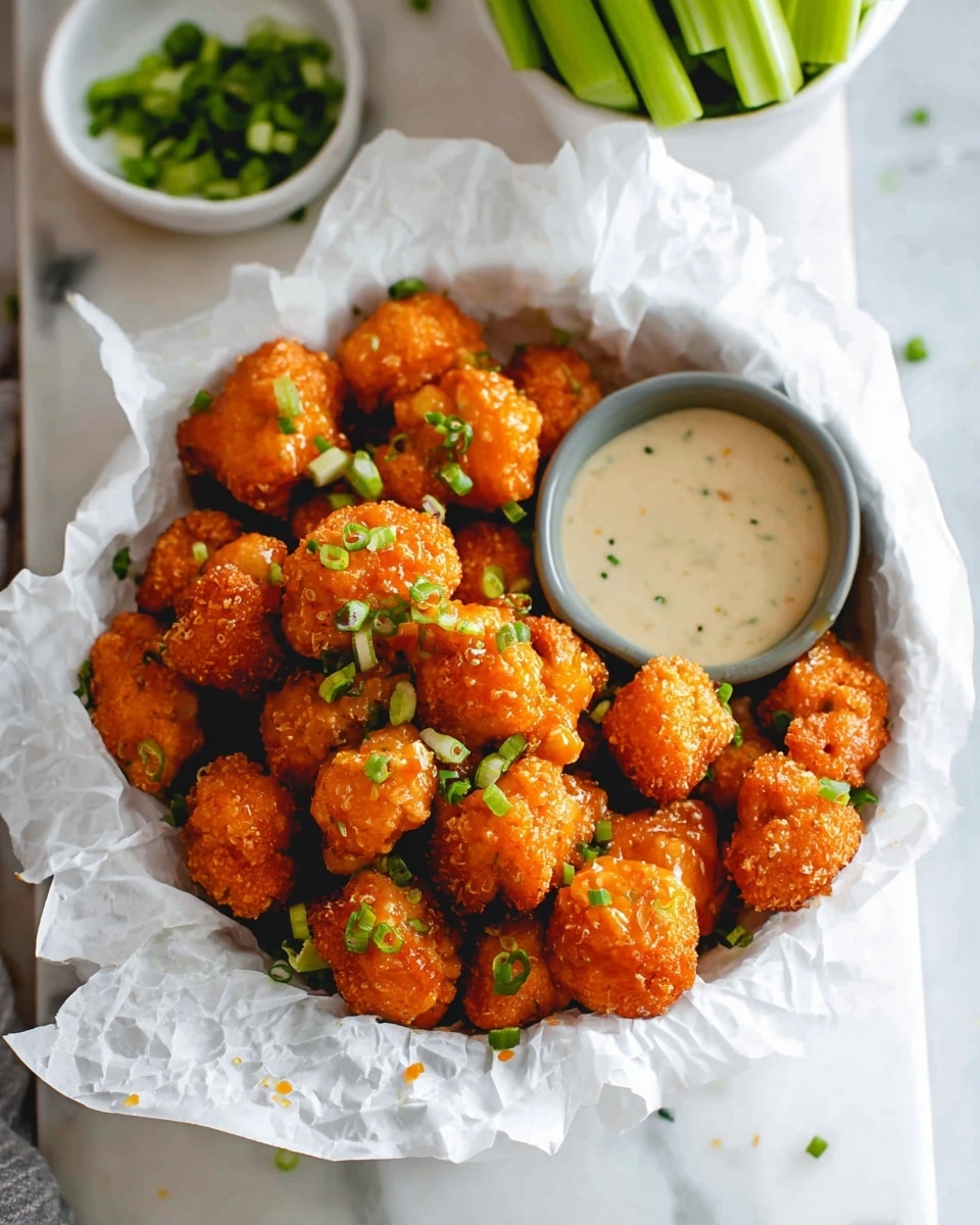 A white bowl lined with crumpled white parchment paper holds many small, round, crispy, bright orange fried cauliflower bites covered in sauce. The cauliflower pieces have a crunchy texture and are sprinkled with small, fresh green chopped chives. In the center of the bowl, there is a small, round dish filled with creamy, light beige dipping sauce with green herbs mixed inside. In the background, fresh green celery sticks and a small bowl of chopped celery sit on a white marbled surface. photo taken with an iphone --ar 4:5 --v 7