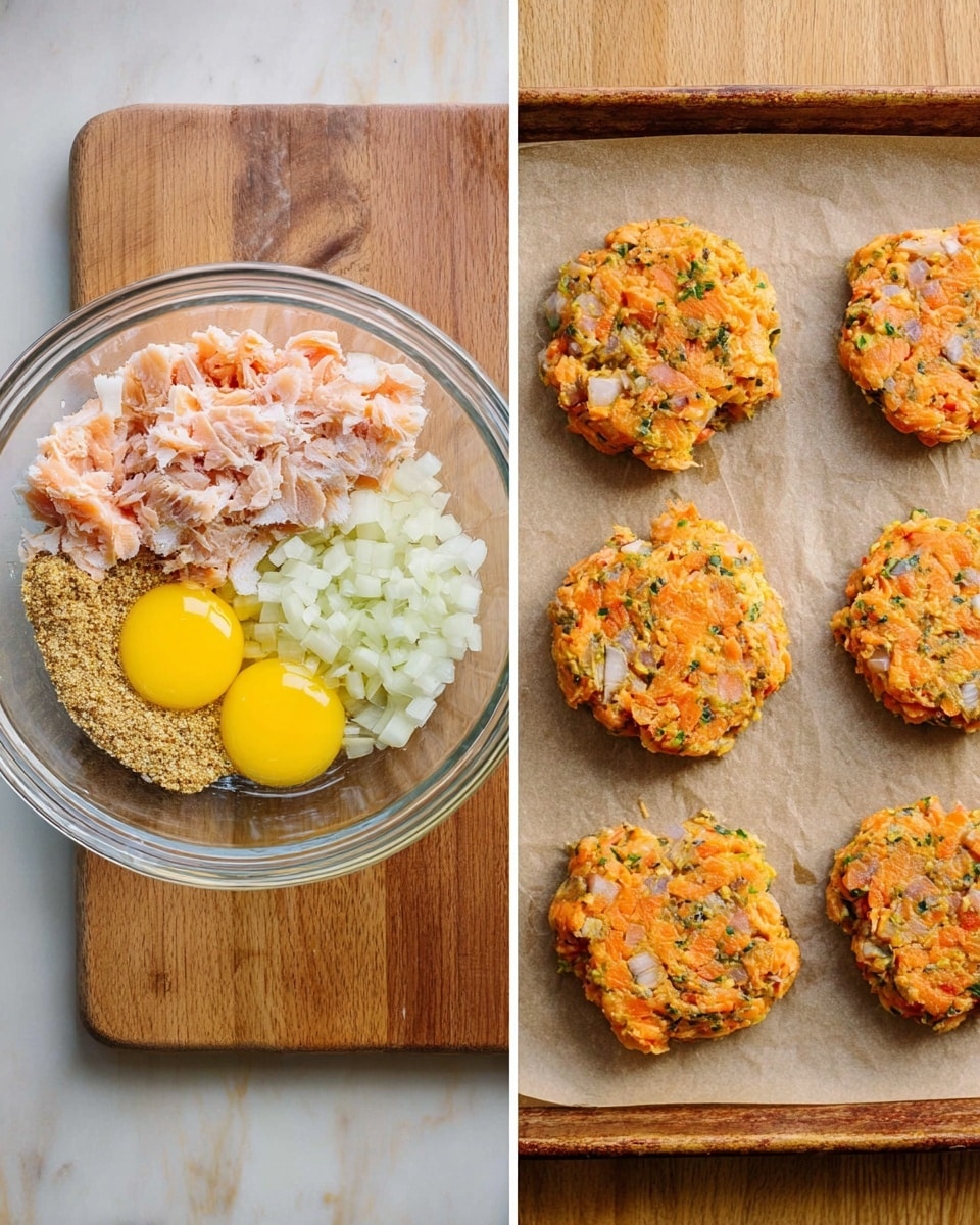 The image shows two side-by-side scenes of a salmon patty preparation. On the left, a clear glass bowl contains six distinct layers of ingredients: light pink shredded salmon at the bottom left, light brown breadcrumbs piled on the left side, two bright yellow egg yolks on the right, finely chopped white onions above the salmon, and minced garlic bits near the center, all sitting on a wooden table. On the right, six shaped salmon patties with a mixed texture of orange salmon and white onions are evenly spaced on a baking tray lined with light brown parchment paper, placed on a white marbled surface. The patties are round with rough edges, showing small onion pieces and salmon flakes throughout. Photo taken with an iphone --ar 4:5 --v 7