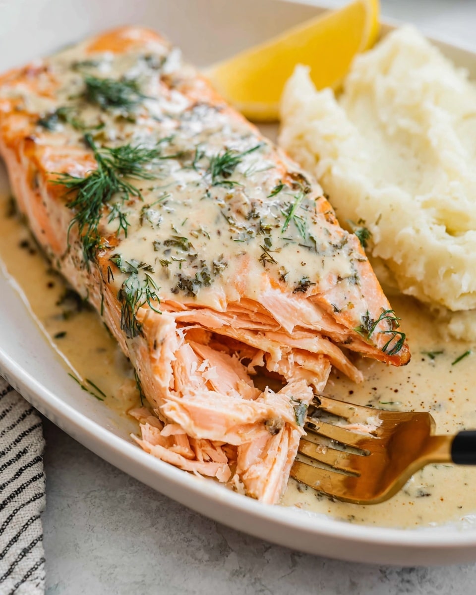 A close-up view of a cooked salmon fillet resting on the left side of a white oval plate with a white marbled texture underneath; the salmon has a light pink color with visible flaky layers, topped with a creamy sauce dotted with green herbs, possibly dill, and some black pepper. Next to the salmon on the plate is a portion of creamy mashed potatoes with a smooth texture, and to the side is a small slice of yellow lemon. A gold and black fork is pushed into the salmon, lifting some flakes, showing the tender inside layers. The photo is bright and detailed, highlighting the moistness of the salmon and the sauce around it. Photo taken with an iphone --ar 4:5 --v 7