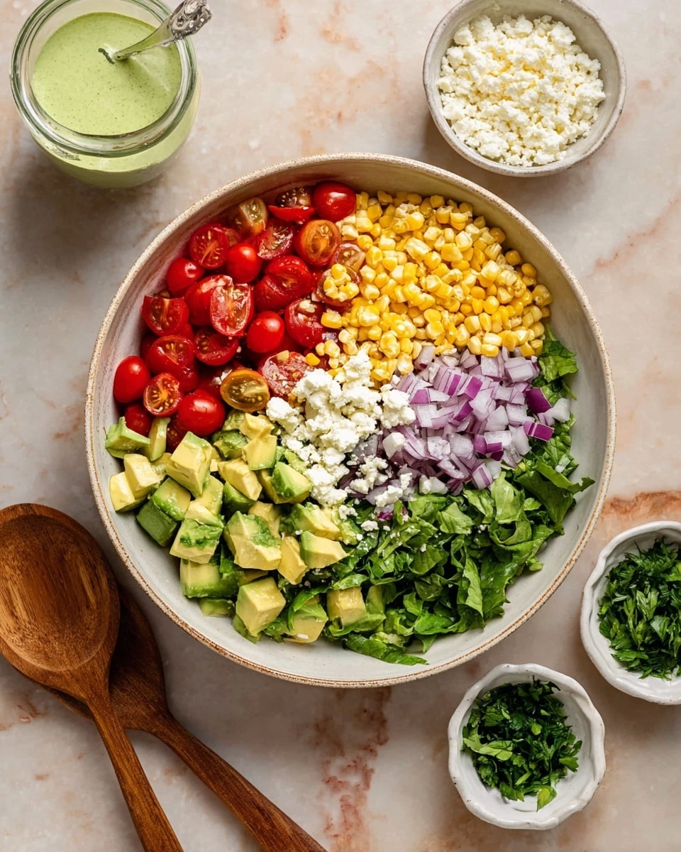 A large white bowl filled with six separate layers of fresh ingredients: bright red cherry tomatoes on the bottom left, light green avocado cubes above the tomatoes, yellow grilled corn kernels in the top right, finely chopped purple onions in the center, and dark green chopped lettuce covering the bottom right half. Around the bowl are small white bowls, one with crumbled white cheese on the top right, another with fresh chopped green herbs, and a glass container holding a light green dressing placed above the bowl. The bowl is placed on a white marbled surface with two wooden salad spoons to the bottom left. Photo taken with an iphone --ar 4:5 --v 7