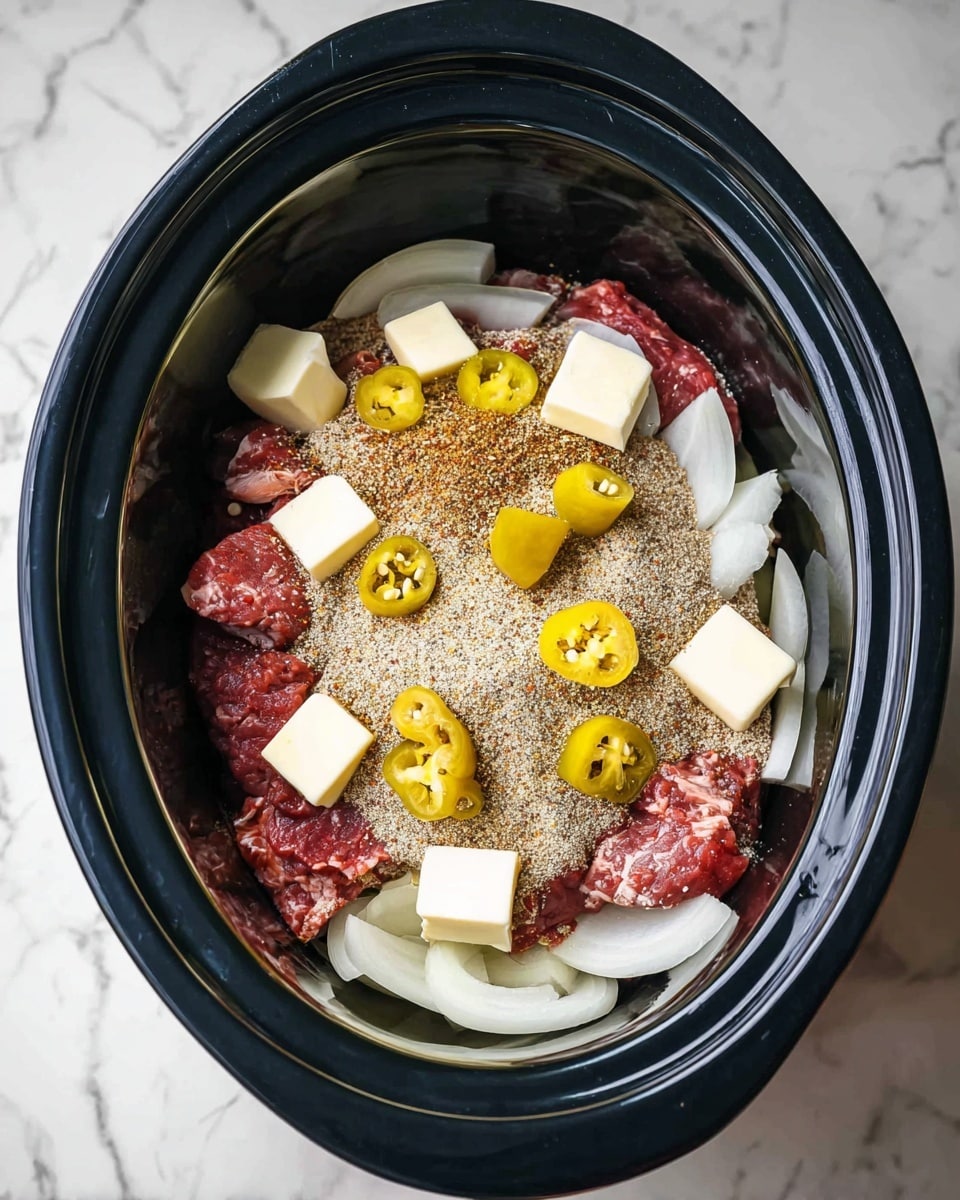 Inside a black slow cooker, there is a layer of sliced white onions at the bottom, followed by a layer of raw, red meat. On top of the meat, a light brown powder seasoning is spread evenly. Over this seasoning, there are small yellow peppers scattered around, along with four small white cubes of butter placed near the center. The whole scene contrasts against a white marbled textured surface beneath the slow cooker. Photo taken with an iphone --ar 4:5 --v 7