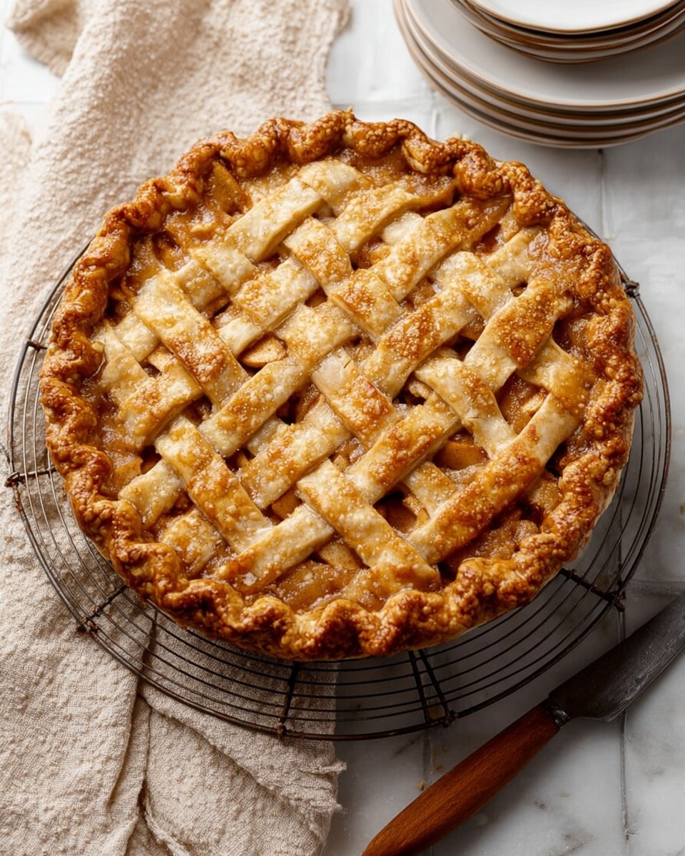 The image shows a round apple pie with a golden brown lattice crust made of thick, wavy strips woven on top. The edges of the pie crust are crimped in a ruffled pattern, giving a textured border. The filling beneath the crust is a warm, melted light brown with hints of soft apple slices. The pie is placed on a round wire cooling rack, which sits on a beige cloth napkin over a white marbled table. A wooden-handled knife is partly visible to the right, and stacks of white plates are faintly seen in the upper left corner. photo taken with an iphone --ar 4:5 --v 7