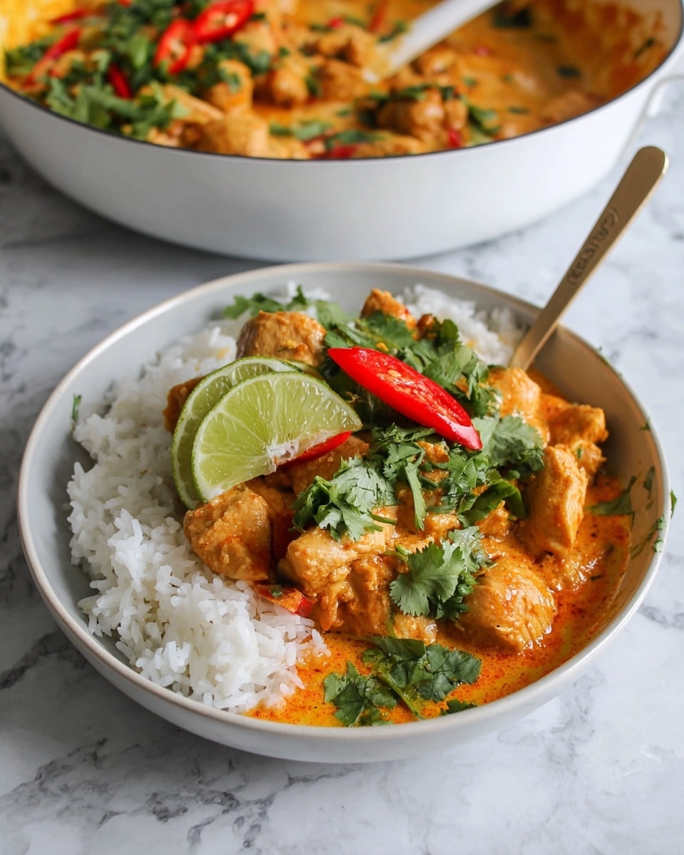 A white bowl filled with a base layer of white rice, topped with chunks of orange-colored cooked chicken mixed with a creamy sauce. On top, there is a red chili pepper strip and fresh green cilantro leaves scattered around. A fresh lime slice rests on the chicken, adding a bright green and yellow contrast. In the background, a white pan with the same chicken dish and a white spoon is visible, sitting on a white marbled surface. photo taken with an iphone --ar 4:5 --v 7