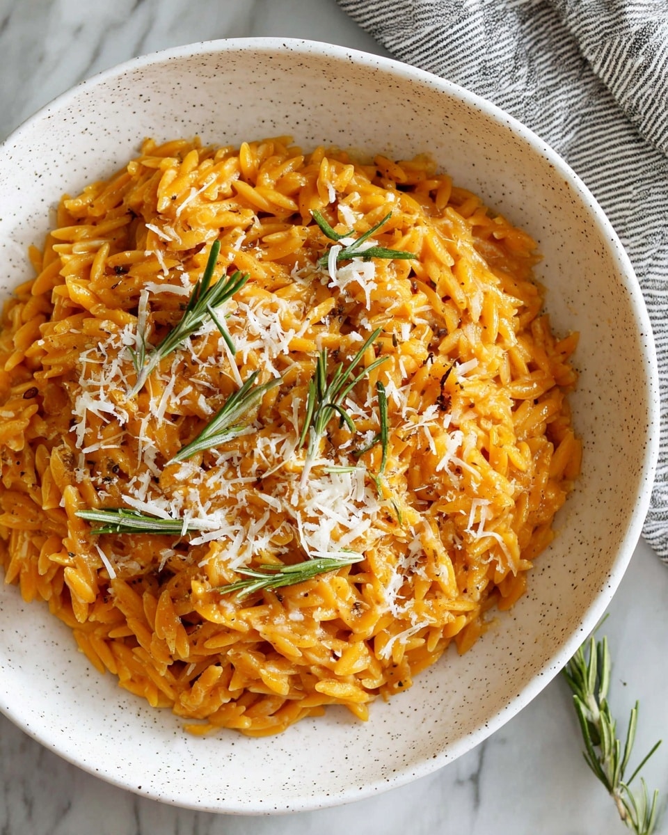 A close-up view of a single layer of orange-colored orzo pasta served on a white plate with speckled edges, topped with a light sprinkle of white cheese and small sprigs of fresh green rosemary placed evenly over the dish, set on a white marbled surface with a striped cloth visible in the upper right corner, photo taken with an iphone --ar 4:5 --v 7