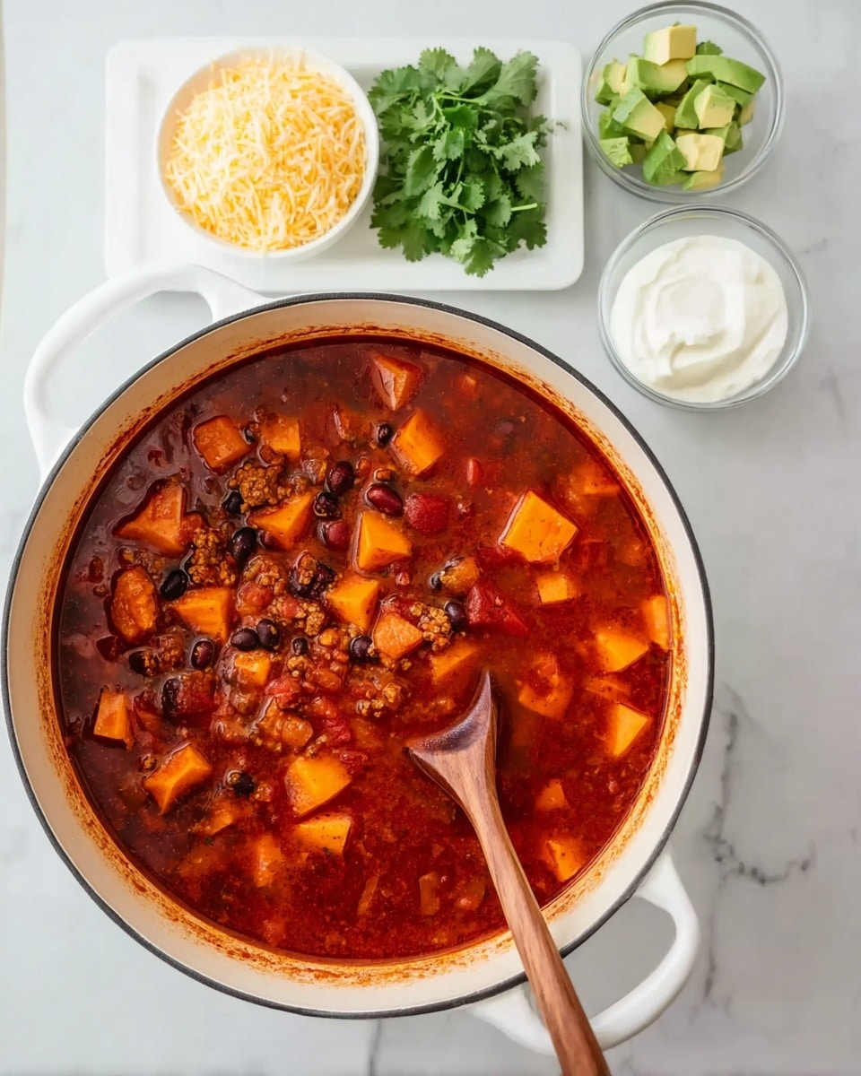 The image shows a white pot filled with thick red soup with chunks of orange sweet potatoes and small pieces of ground meat and black beans floating on top. A wooden spoon is resting inside the pot, placed diagonally. Next to the pot on the white marbled surface is a white square dish that holds three small bowls containing pale yellow shredded cheese, white sour cream, and sliced green avocado. Fresh green cilantro leaves are also placed on the dish. The overall setting has a clean and bright look with a focus on the colorful soup. Photo taken with an iphone --ar 4:5 --v 7