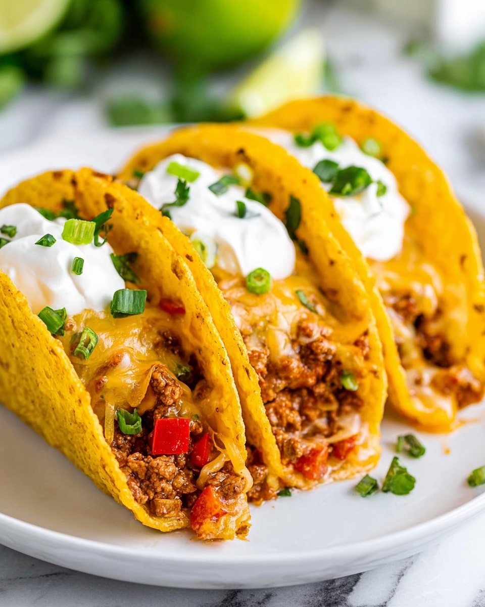 Three yellow corn taco shells are standing side by side on a white plate, filled with a mix of cooked ground meat and red bell pepper pieces at the bottom, topped with melted golden cheese that looks soft and slightly shiny. Each taco has a dollop of white sour cream on top, sprinkled with small green chopped scallions and bits of cilantro. The plate sits on a white marbled surface with blurred green lime wedges and herbs in the background. photo taken with an iphone --ar 4:5 --v 7