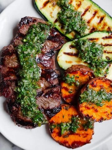 Grilled Steak with Butternut Squash, Zucchini, and Chimichurri Sauce Recipe