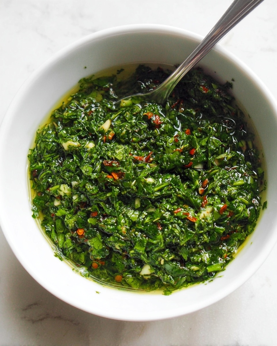 A white bowl filled with a bright green sauce made of finely chopped herbs mixed with oil and small pieces of garlic and red chili, showing a wet, slightly oily texture; a silver spoon rests inside the bowl, partially submerged in the sauce. The bowl is placed on a white marbled surface. photo taken with an iphone --ar 4:5 --v 7