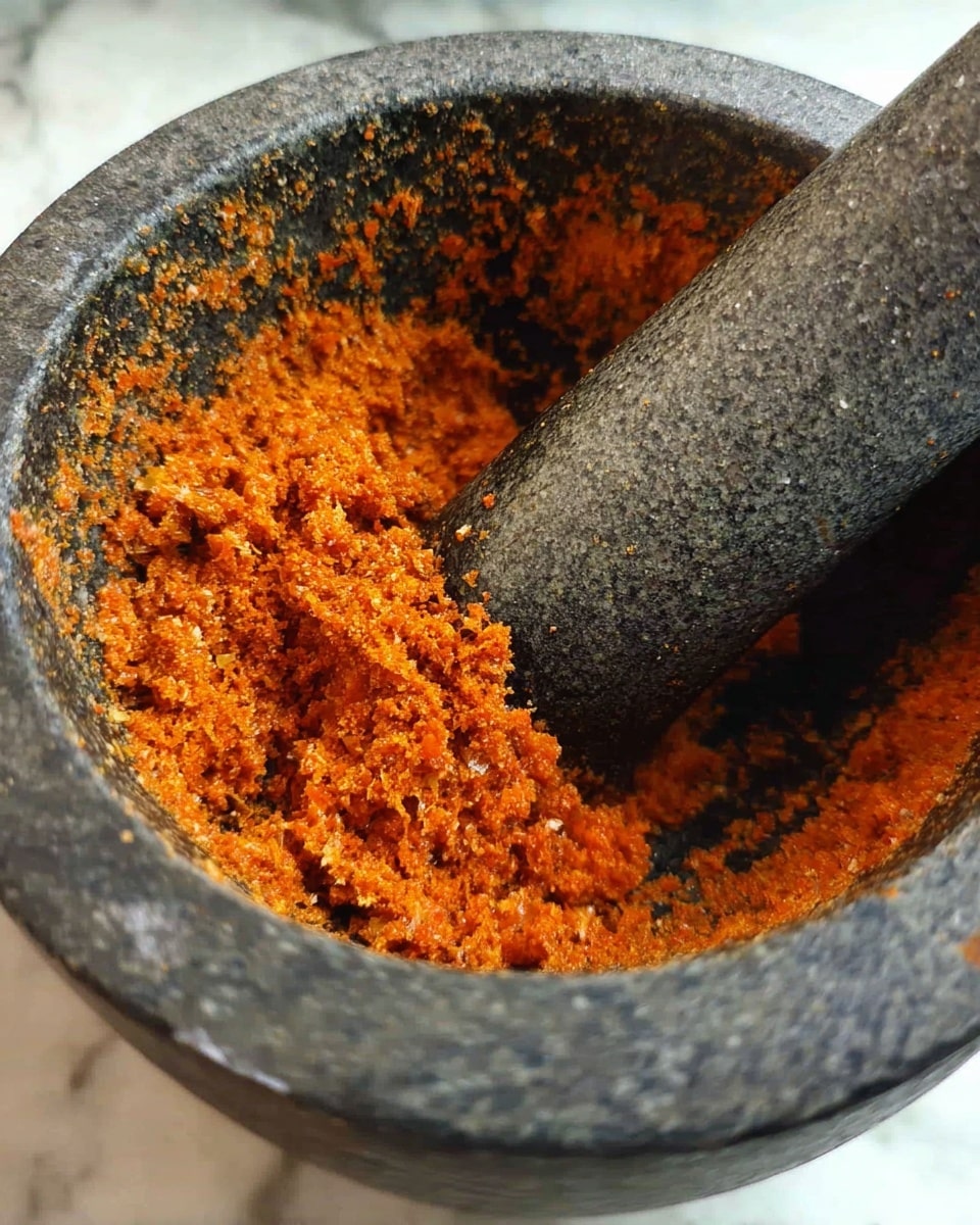 A close-up image shows a dark gray stone mortar with rough texture filled with thick orange-red paste, crushed finely inside. A gray stone pestle is partially inside the mortar, pressing and mixing the paste. The mortar rests on a white marbled surface. The colors are earthy and warm, capturing a fresh, homemade spice mix photo taken with an iphone --ar 4:5 --v 7
