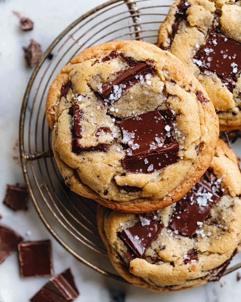 The image shows a close-up of three thick, soft chocolate chip cookies stacked on a round metal cooling rack. Each cookie has a rough, golden-brown surface with large, dark brown melted chocolate chunks embedded unevenly, some slightly glossy. The cookies have a slightly cracked top with a few spots of light sprinkling that looks like coarse salt. Around the rack, there are small pieces of broken chocolate on a white marbled surface. The focus is on the top two cookies, showing their soft and rich texture clearly. Photo taken with an iphone --ar 4:5 --v 7