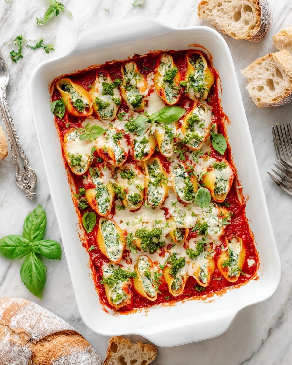 The image shows a white scalloped plate with a serving of stuffed pasta shells. The pasta layer is light orange with a ridged texture, stuffed with white cheese and chopped greens inside. On top, there are layers of bright red tomato sauce, white melted cheese, and green pesto sauce scattered over the shells. A silver fork rests on the right side of the plate. Around the plate, there are fresh green basil leaves and a piece of torn bread. In the top right corner, there is a white ceramic dish filled with more stuffed pasta shells covered with the same colorful sauces, all placed on a white marbled surface. photo taken with an iphone --ar 4:5 --v 7