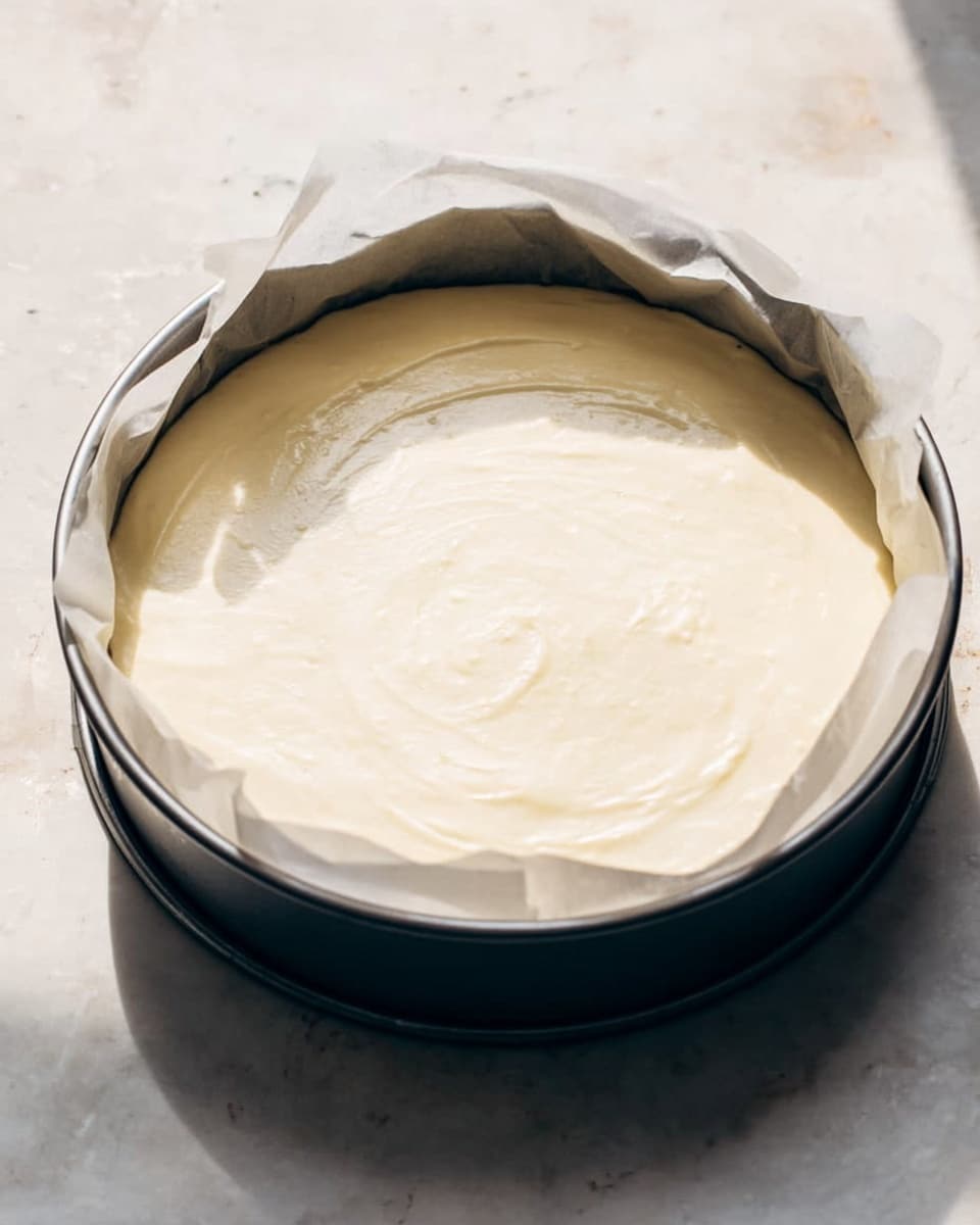 The image shows a round metal baking tin lined with white parchment paper inside. The tin is filled with a smooth, pale cream batter that looks creamy and evenly spread. The baking tin sits on a white marbled surface with soft natural light casting shadows over the batter and part of the tin. The batter is one even layer with a few small swirls visible on the surface. photo taken with an iphone --ar 4:5 --v 7