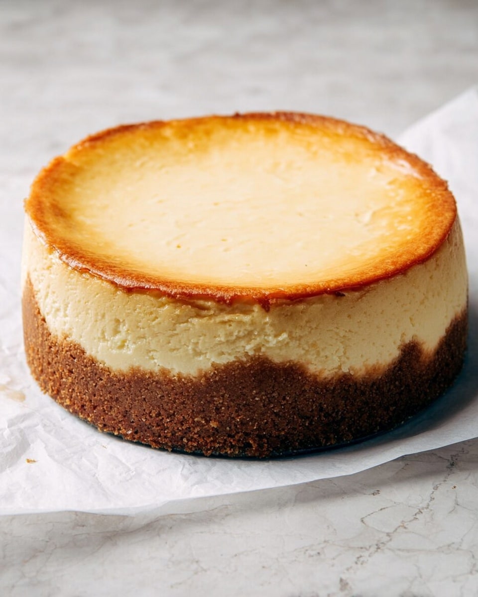 A round cheesecake with two visible layers sits on white parchment paper over a white marbled surface. The bottom layer is a thick, crumbly crust with a deep brown color and rough texture forming the sides and base. The top layer is a smooth, creamy pale yellow cheesecake filling with a slight golden brown edge that is slightly taller than the crust layer. The surface of the cheesecake is even and shiny, showing subtle swirls and tiny bubbles near the edges. Photo taken with an iphone --ar 4:5 --v 7