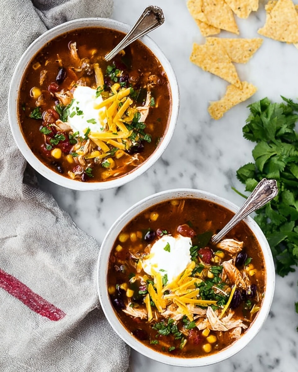 The image shows two white bowls filled with a thick soup placed on a white marbled surface. Each bowl has a rich brown soup base with visible chunks of light brown shredded chicken, dark red kidney beans, bright yellow corn, and green herbs and sliced green onions. On top of each bowl, there is a generous dollop of white sour cream topped with some shredded yellow cheese and chopped green onions. The bowls rest on light-colored cloths with red stripes. Surrounding the bowls are scattered pieces of light beige tortilla chips, and a silver spoon lies next to the front bowl. In the background, there is a bunch of fresh green cilantro. Photo taken with an iphone --ar 4:5 --v 7