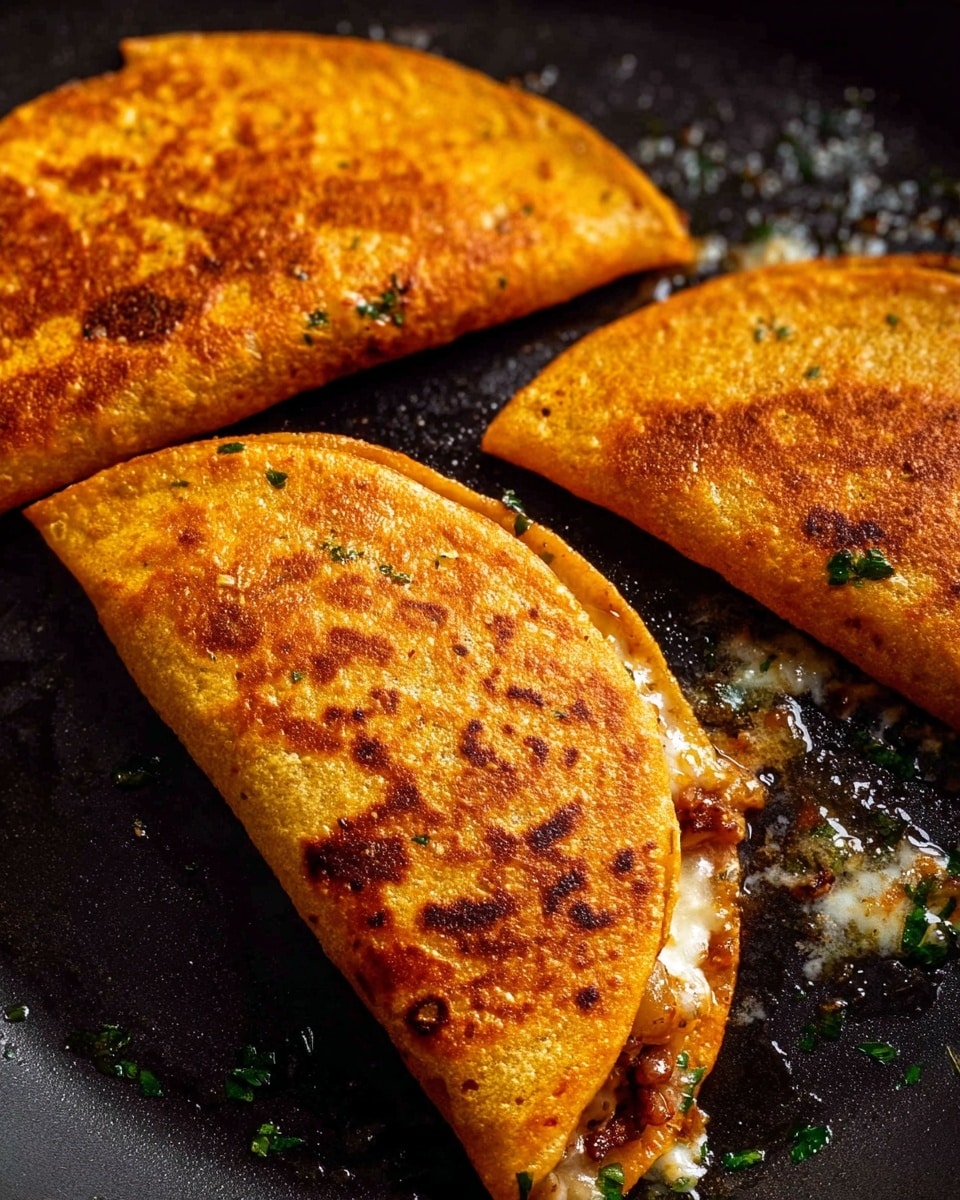 The image shows three golden brown quesadillas frying in a black pan. Each quesadilla is folded in half, with a crispy, slightly oily texture and small browned spots on the surface. The edges of one quesadilla reveal melted cheese mixed with bits of cooked meat and chopped herbs inside. The pan’s dark surface contrasts with the rich orange-yellow tones of the quesadillas, and small green herb pieces and melting cheese are visible around the edges. photo taken with an iphone --ar 4:5 --v 7