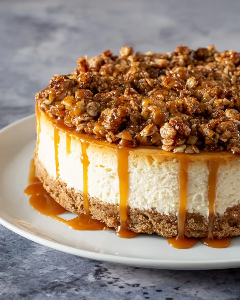 A white plate holds a three-layer cheesecake on a white marbled surface. The bottom layer is a thick, crumbly light brown crust. The middle layer is creamy white cheesecake, smooth and dense in texture. The top layer is a chunky, textured mix of brown oat and nut crumble, covered with caramel drizzle that slowly drips down the sides of the cheesecake. The background is simple, focusing on the rich details and colors of the dessert photo taken with an iphone --ar 4:5 --v 7