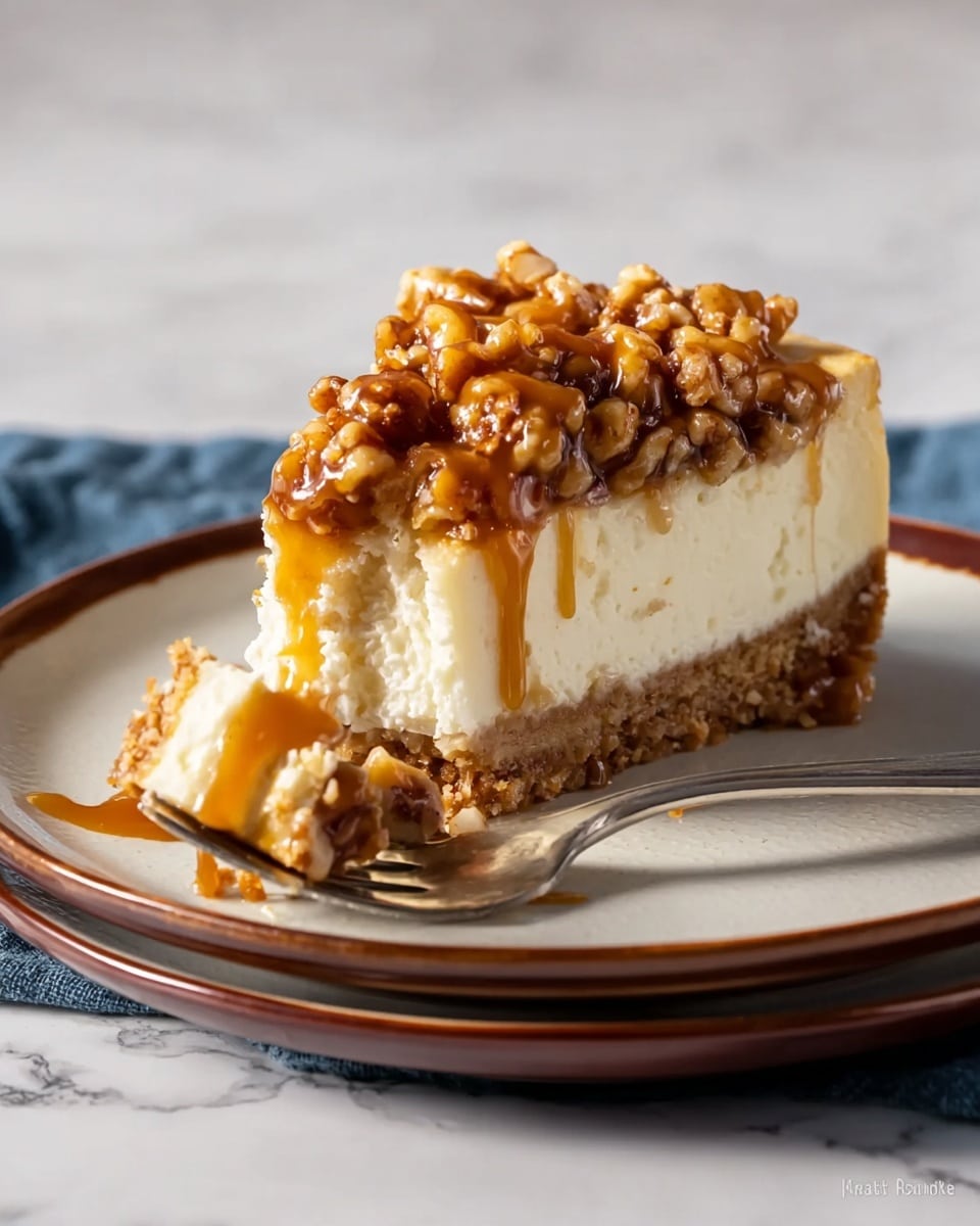 The image shows one slice of cheesecake on a white plate with a brown rim, placed on a white marbled surface. The cheesecake has three visible layers: a thick light brown crumb crust at the bottom, a thick creamy white middle layer, and a chunky topping layer made of golden brown nuts and caramel sauce drizzled over it. A fork with a small piece of cheesecake is resting on the plate in front of the slice. The photo taken with an iphone --ar 4:5 --v 7