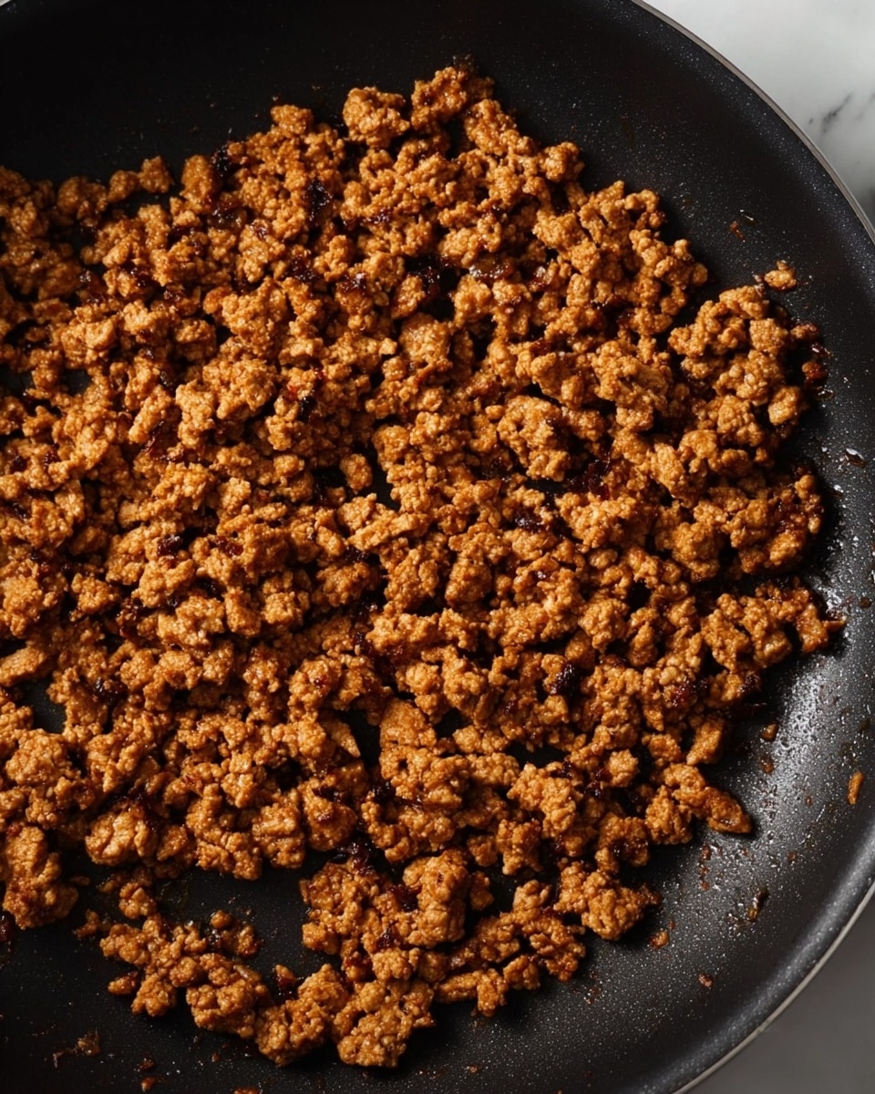 The image shows a close-up view of browned ground meat cooked evenly in a black non-stick pan. The meat pieces are small and crumbly, with a rich brown color and slightly crispy texture around the edges. The pan surface is matte black and smooth, contrasting sharply with the warm brown tones of the cooked meat. There are no other foods or objects in the frame, and the focus is entirely on the texture and color of the cooked meat. The background around the pan is changed to a white marbled texture. photo taken with an iphone --ar 4:5 --v 7