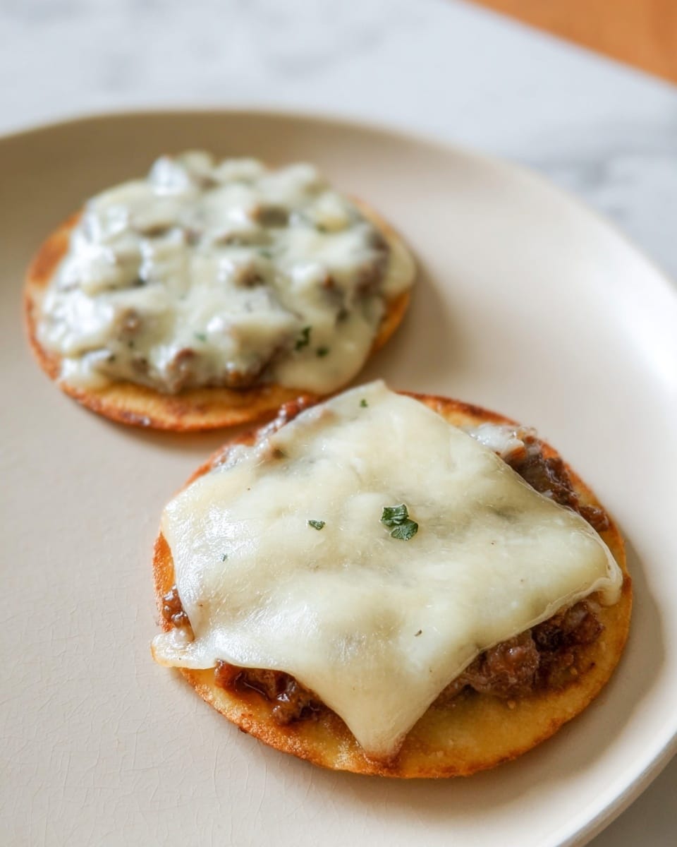 Two small round tostadas sit on a white plate on a white marbled surface. Each tostada is golden and slightly crispy. The first tostada is topped with a thick layer of light cream sauce with small chunks of ground meat underneath. The second tostada has a layer of cooked meat with a melted white cheese slice covering it, extending to the edges. The cheese shows smooth, soft texture with a slight shine. Photo taken with an iphone --ar 4:5 --v 7