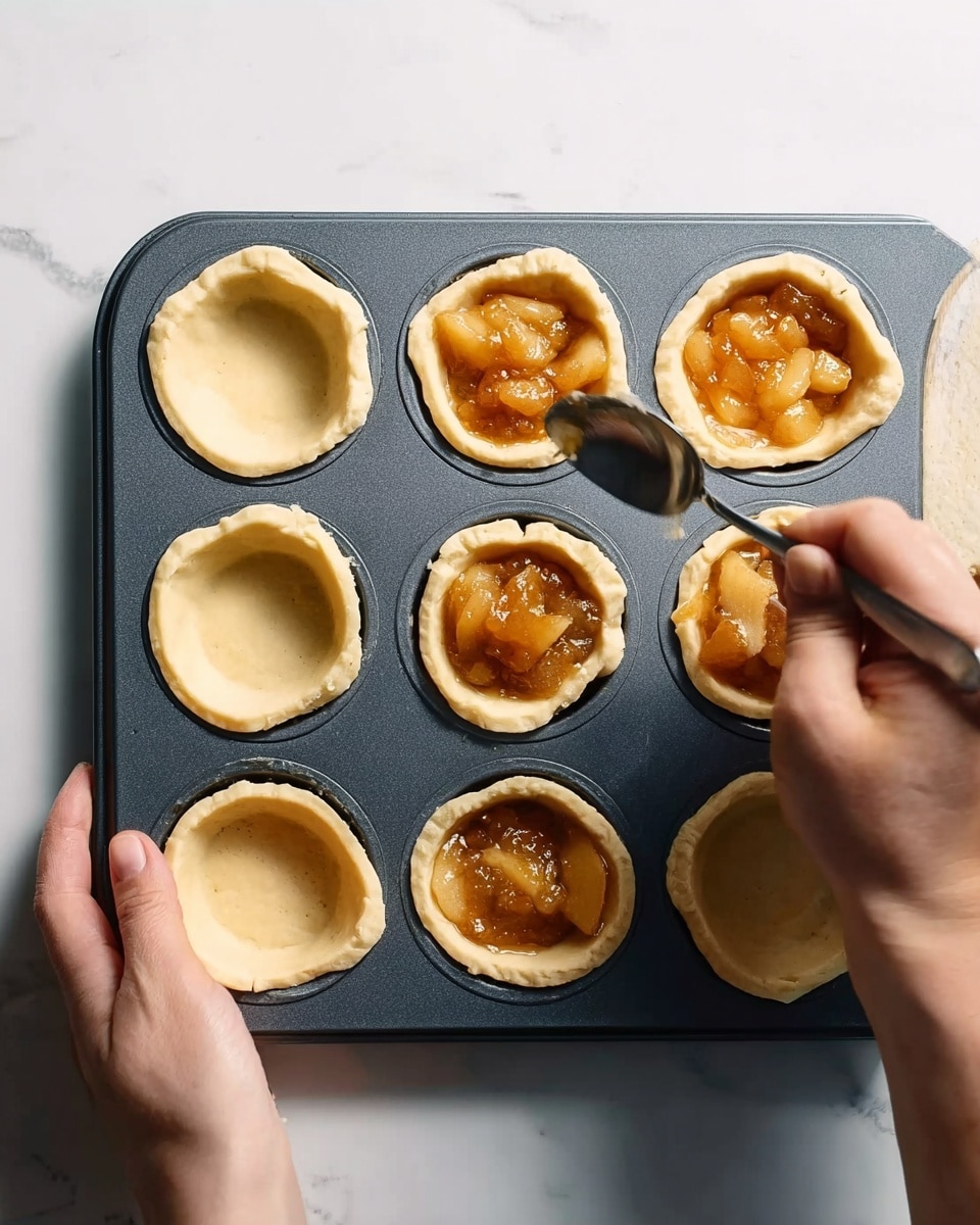 The image shows a dark gray muffin tray on a white marbled surface with six small dough cups inside the tray. Each dough cup has a thick, pale golden crust curled upward along the edges, creating a shallow bowl shape. Five of the dough cups are filled with a chunky, light amber fruit mixture that looks soft and juicy. A woman's hand is holding a spoon, placing the fruit filling carefully into one of the empty dough cups, while the other woman's hand steadies the tray on the left side. The lighting is bright and natural, highlighting the textures of the dough and filling. Photo taken with an iphone --ar 4:5 --v 7
