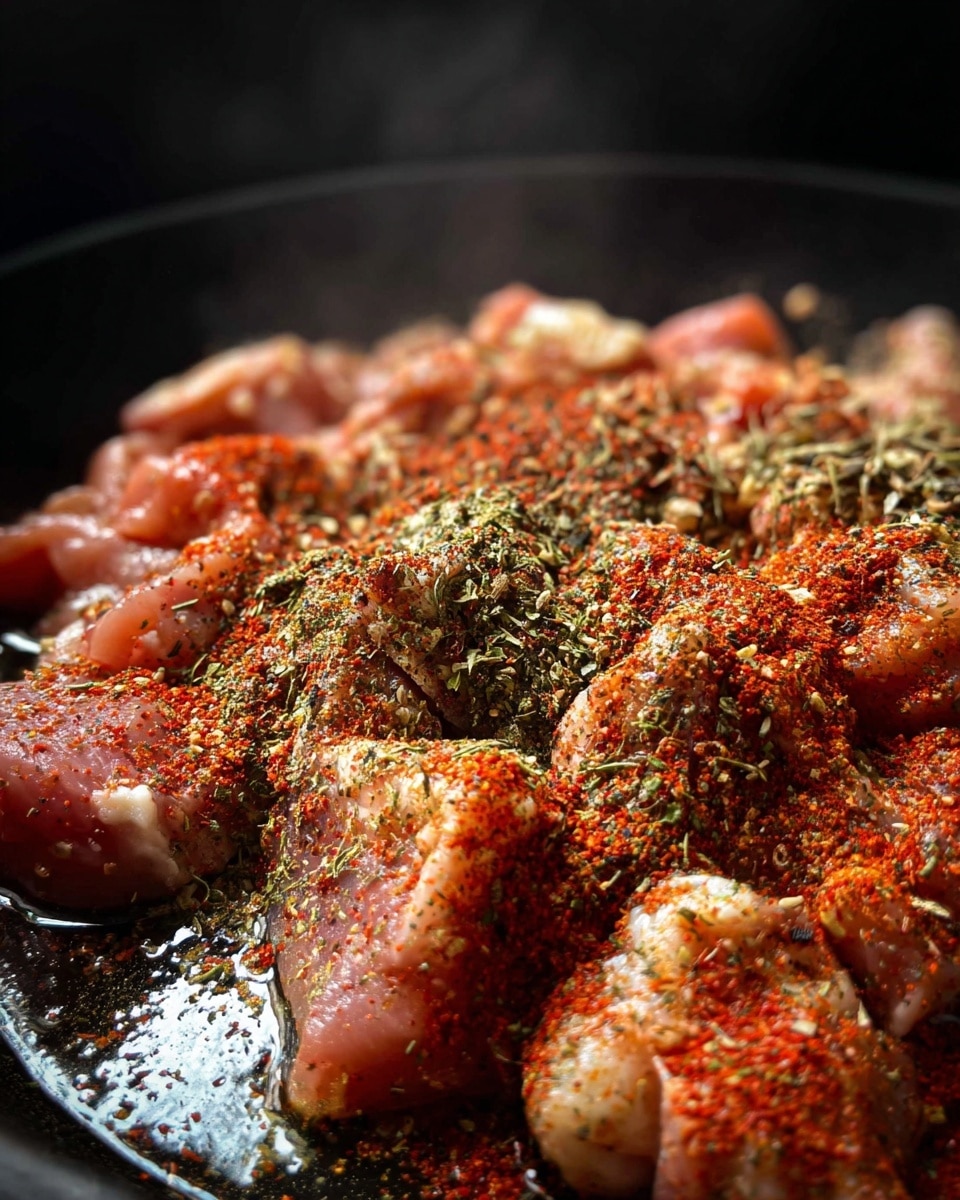 The image shows many small pieces of raw meat, pink and unmixed, placed in a black pan. The meat is sprinkled heavily with different spices, including fine red powder and green dried herbs, giving it a colorful, textured look. There is some shiny oil or liquid around the meat, making the surface wet and reflective. The background is dark, putting focus on the spice-covered meat in the center. photo taken with an iphone --ar 4:5 --v 7