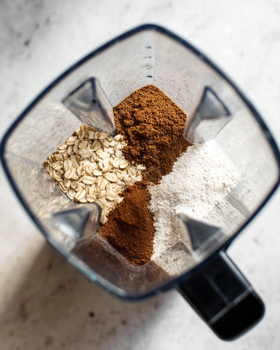 Inside a clear blender container, there are three layers of dry ingredients arranged side by side: a large layer of light beige rolled oats on the left, a smaller mound of dark brown cinnamon powder in the center, and a bright white powder on the right. The blender container has a black handle at the bottom and rests on a white marbled surface under soft natural light. The scene is viewed from above, showing the textures and colors clearly. photo taken with an iphone --ar 4:5 --v 7