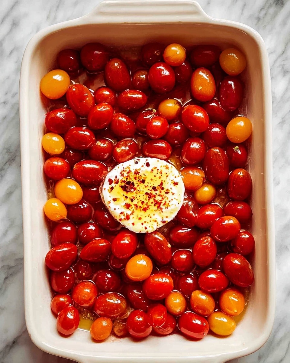 A close-up top view of a white rectangular baking dish filled with shiny red and orange grape tomatoes, covering all space evenly. In the center, there is a round piece of white creamy cheese topped with a drizzle of olive oil and sprinkled with red chili flakes. The dish is placed on a white marbled surface. Photo taken with an iphone --ar 4:5 --v 7