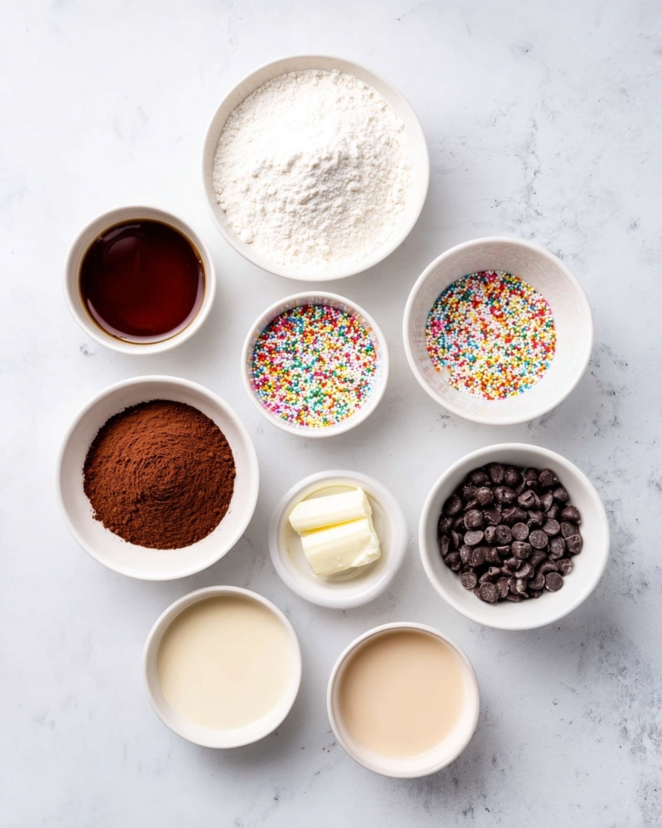 The image shows nine small white bowls arranged on a white marbled surface, each holding a different ingredient. Starting from the top left, there is a bowl with dark brown liquid, followed by a larger bowl filled with white flour on the top right. Below the flour, a bowl contains rainbow-colored sprinkles. Left to the sprinkles, another bowl holds brown cocoa powder. Below the cocoa powder is a larger bowl filled with a smooth, light cream-colored liquid. To the right of this bowl is a tiny bowl with a light beige liquid. At the bottom right, a bowl has lots of small, dark chocolate chips. The bottom left bowl contains a white solid, possibly coconut oil or butter. All bowls have smooth textures and bright, clear colors, and the photo is taken from above. photo taken with an iphone --ar 4:5 --v 7