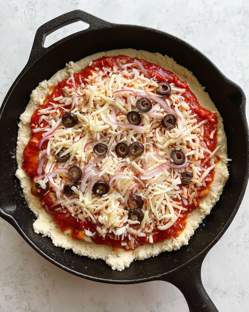 A black cast iron pan holds an uncooked pizza with three visible layers: the bottom layer is a thick, pale dough with a rough texture, spread evenly in the pan; the middle layer is a smooth, bright red tomato sauce spread over the dough, leaving a small edge; the top layer is a generous amount of shredded white cheese scattered across the sauce with sliced green and black olives and thin strips of purple onion spread mostly on top of the cheese. The pan sits on a white marbled surface. Photo taken with an iphone --ar 4:5 --v 7