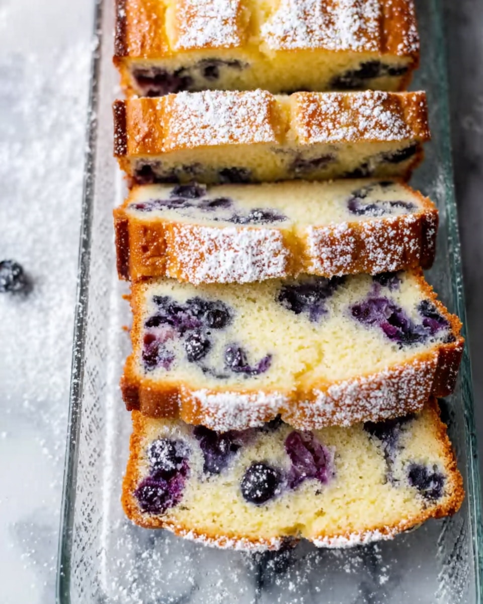 The image shows a loaf of blueberry bread on a clear glass rectangular tray, placed on a white marbled surface. The bread has five visible layers: the top layer is golden brown with a light dusting of powdered sugar; the next layers reveal a soft, light yellow cake filled with scattered dark blue blueberries throughout. The slices are stacked partly overlapping each other, and some powdered sugar is scattered around the tray. A woman's hand holds the tray edge slightly from the bottom-left corner. Photo taken with an iphone --ar 4:5 --v 7